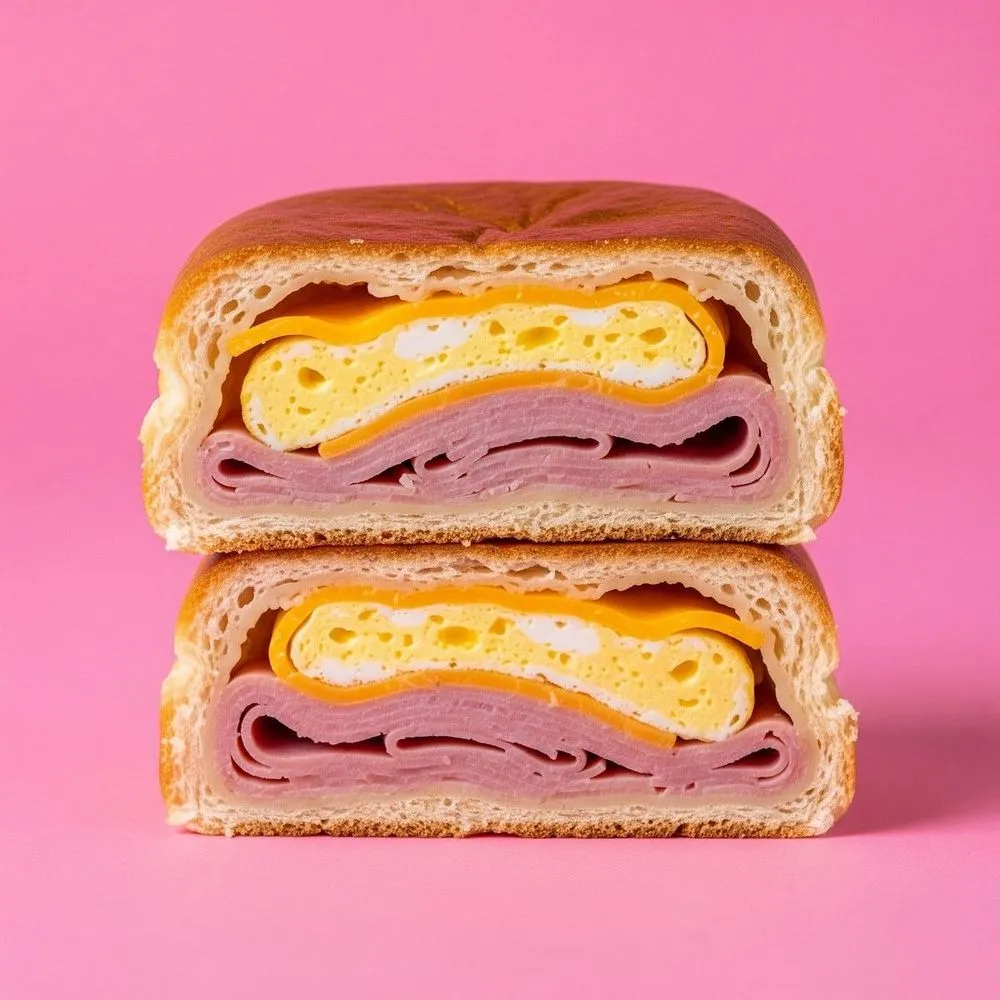 Kolache rolls cut open to show egg, ham and melted cheese inside