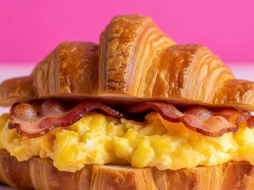 Bacon, egg and cheese on a fresh baked croissant