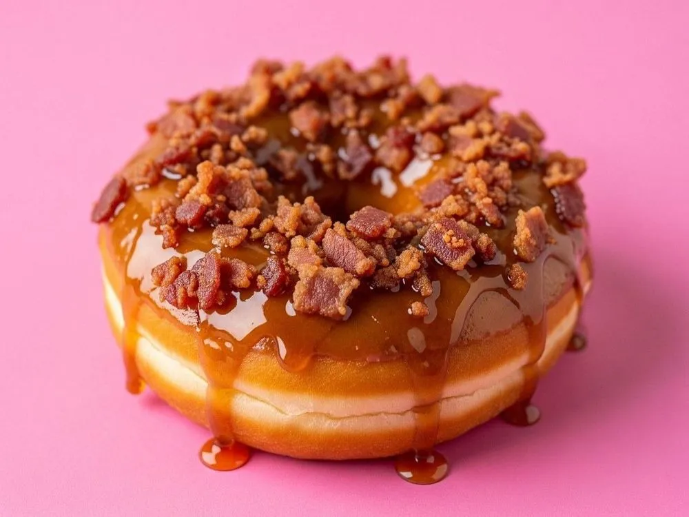Maple glazed donut topped with crispy bacon crumbles