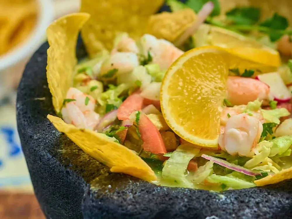 Shrimp aguachile in a molcajete