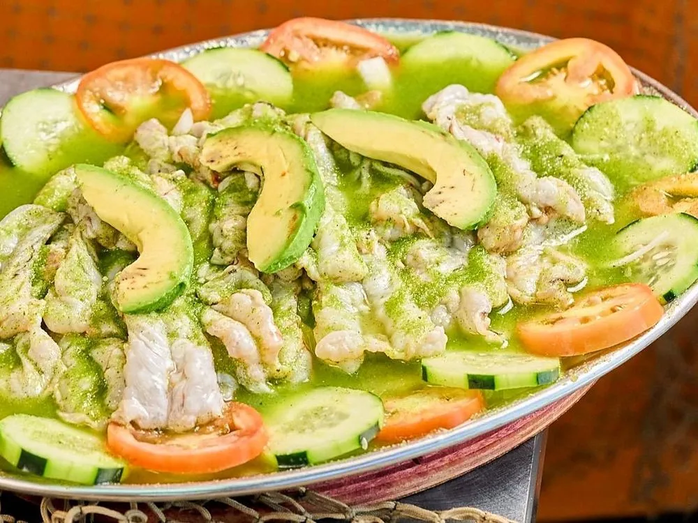 Green aguachile with shrimp, avocado, cucumber and tomato