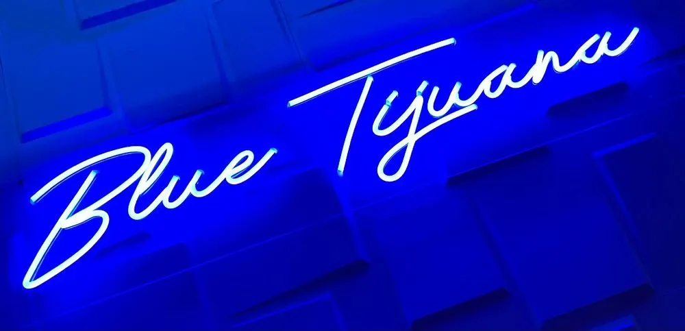 The Blue Tijuana neon sign inside the dining room