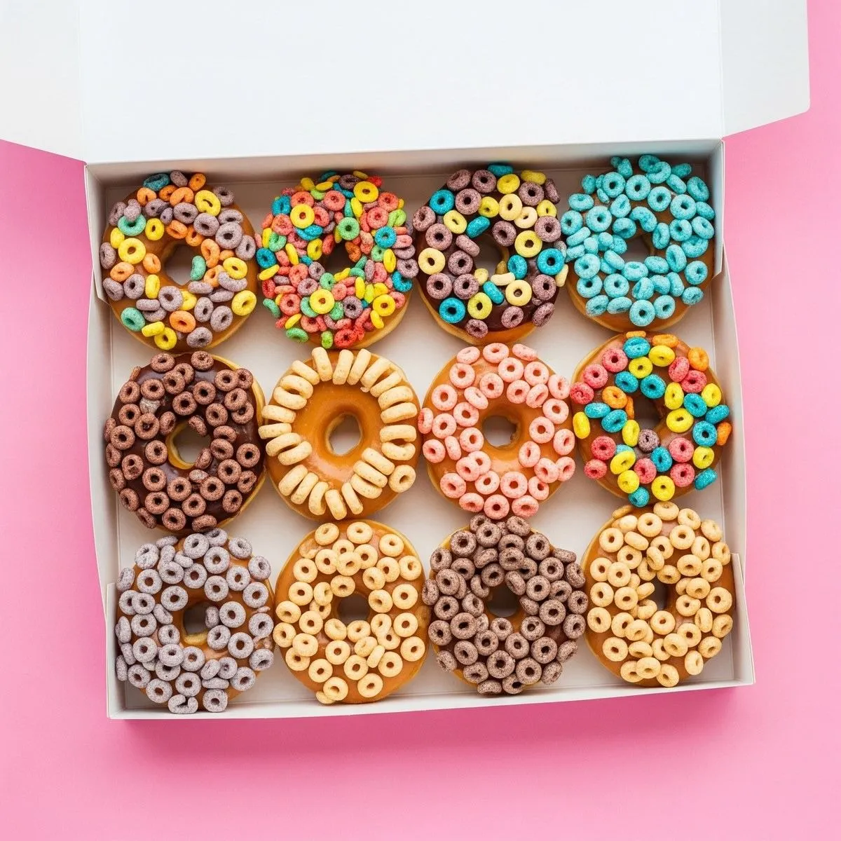 An open box of a dozen fancy donuts topped with cereal, sprinkles and glaze